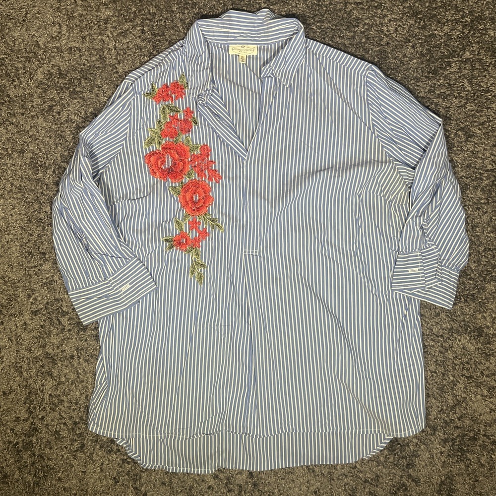 grand and greene top xl Blue White Stripes Red Floral Embroidery